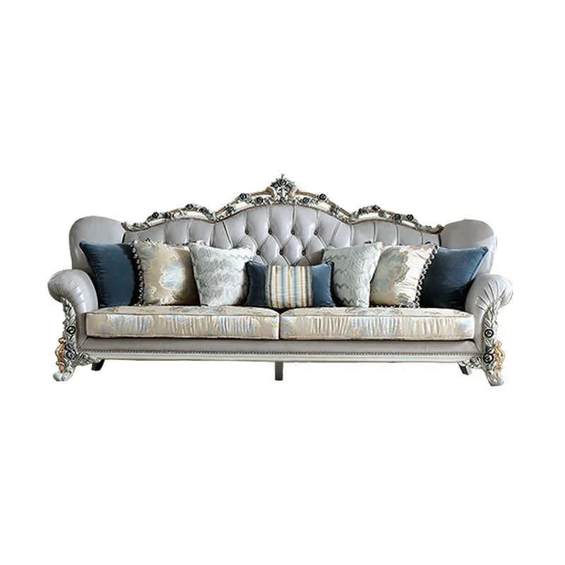 European living room sofa French light luxury solid wood carving flower combination sofa villa multi-person leather sofa