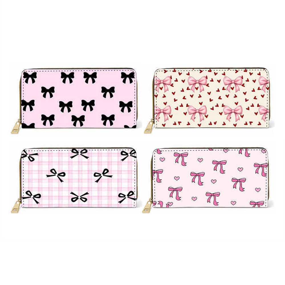 Women's Long Bow Wallet Zipper Clutch Bag Large Capacity Bow Pattern Coin Pouch Card Holder Simple Female Purse for Ladies