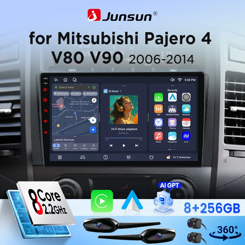 Systèmes intelligents de voiture Android 15 Junsun pour Mitsubishi Pajero 4 V80 V90 2006-2014, CarPlay sans fil pour Apple Auto, écran tactile IPS 9 pouces, caméra 360°, autoradio, lecteur multimédia vidéo, Bluetooth, GPS, navigation, Mirror Link, écran partagé, FM, RDS, DSP, OTA