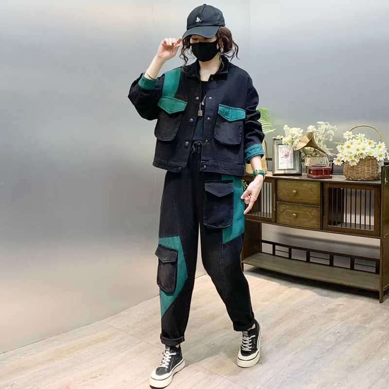 Patchwork Clothing Suits 2022 Spring Punk Outfits Fashion Womens Two Pieces Sets British Loose Casual casual Jackets Denim Pants