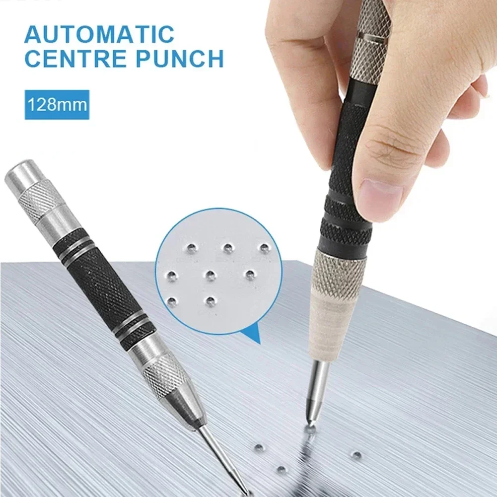 Automatic Center Punch 128mm 12mm Black High Carbon Steel Loaded Press Dent Drill Silver Wood Glass Center Punch