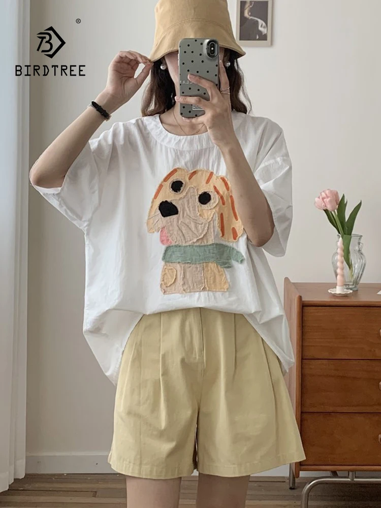 

New 2025 Summer Cotton Short Sleeve T-Shirt, Women O Neck Cartoon Embroidery, Mori Girl Cute Versatile Casual Loose Tee T56682CC