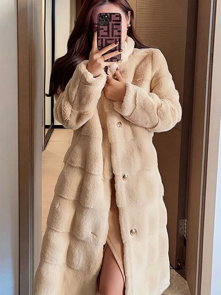 UCXQ Elegant Women's Faux Fur Coat Gentle Loose Temperament All Match Stand Collar Casual Long Outerwear 2024 Autumn Winter 4783