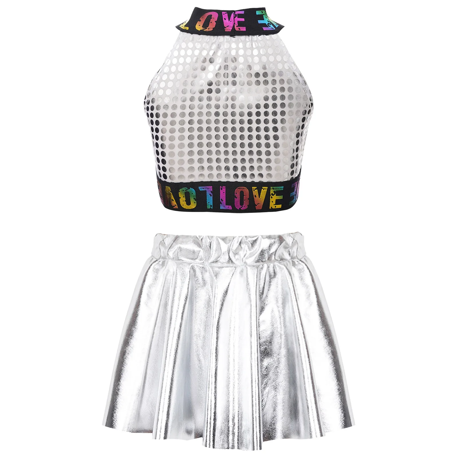 Kids Girls Shiny Sequin Dance Outfit Letters Printed Crop Top with Elastic Waistband Skirt for Jazz Dance Performance