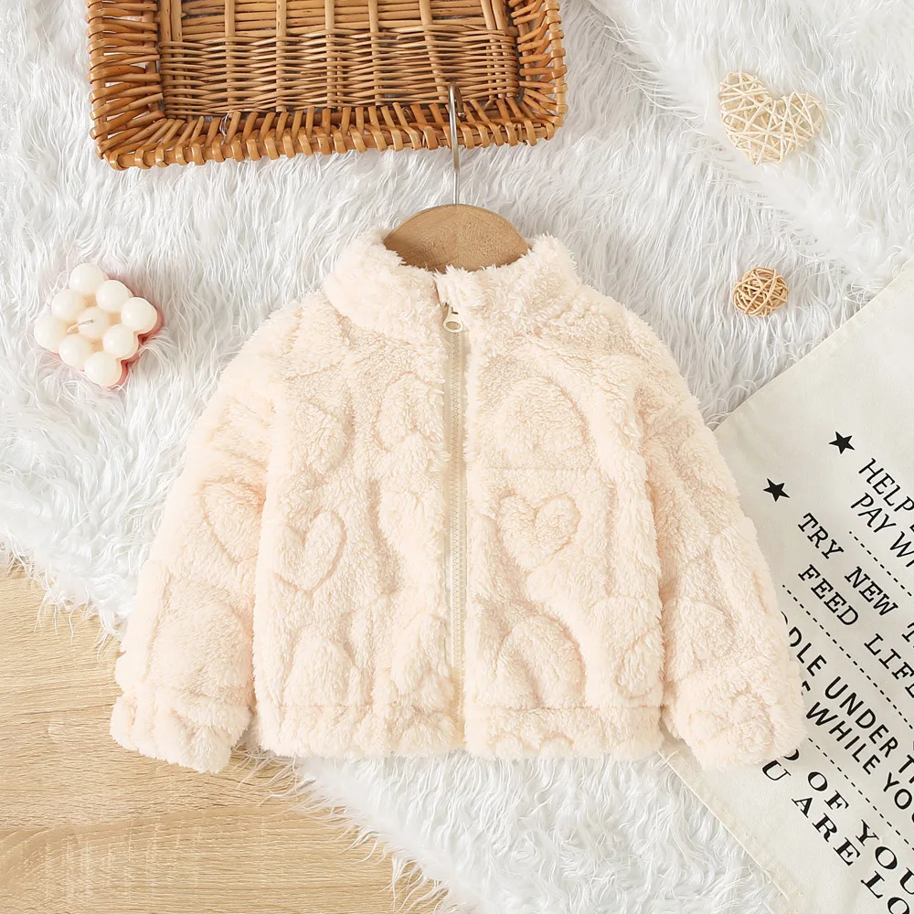 Baby Girl Winter Outerwear Solid Color Heart-Shaped Pattern Zipper Style Baby Girl Jackets Simple And Thick Warm Baby Coat