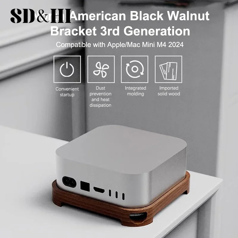 Wooden Desktop Computer Holder Walnut Mini PC Stand Bracket Cooling Base Accessories For Mac Mini M4 2024