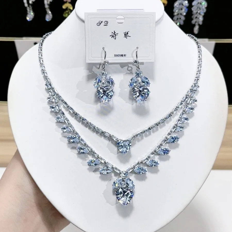 

Роскошный свадебный комплект ювелирных изделий, женский комплект ручной работы с кубическим цирконием, 2-слойное ожерелье, серьги, S925, свадебные украшения для помолвки