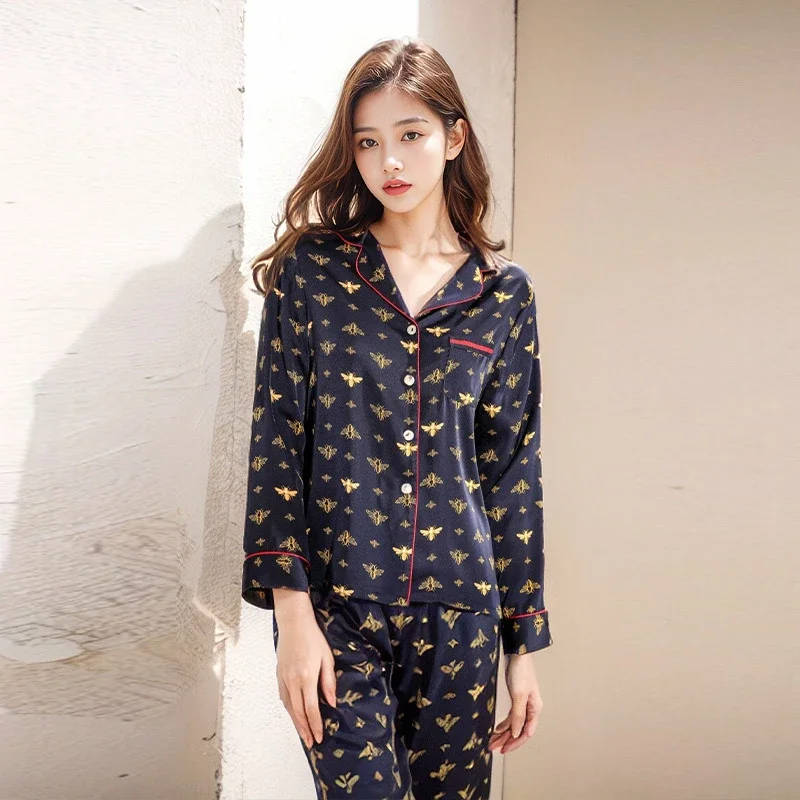 Printed Women's 100% Mulberry Silk Pyjamas Set Girls Spring and Autumn Pajamas Nightwear Ladies Long-Sleeved Cardigan Trousers