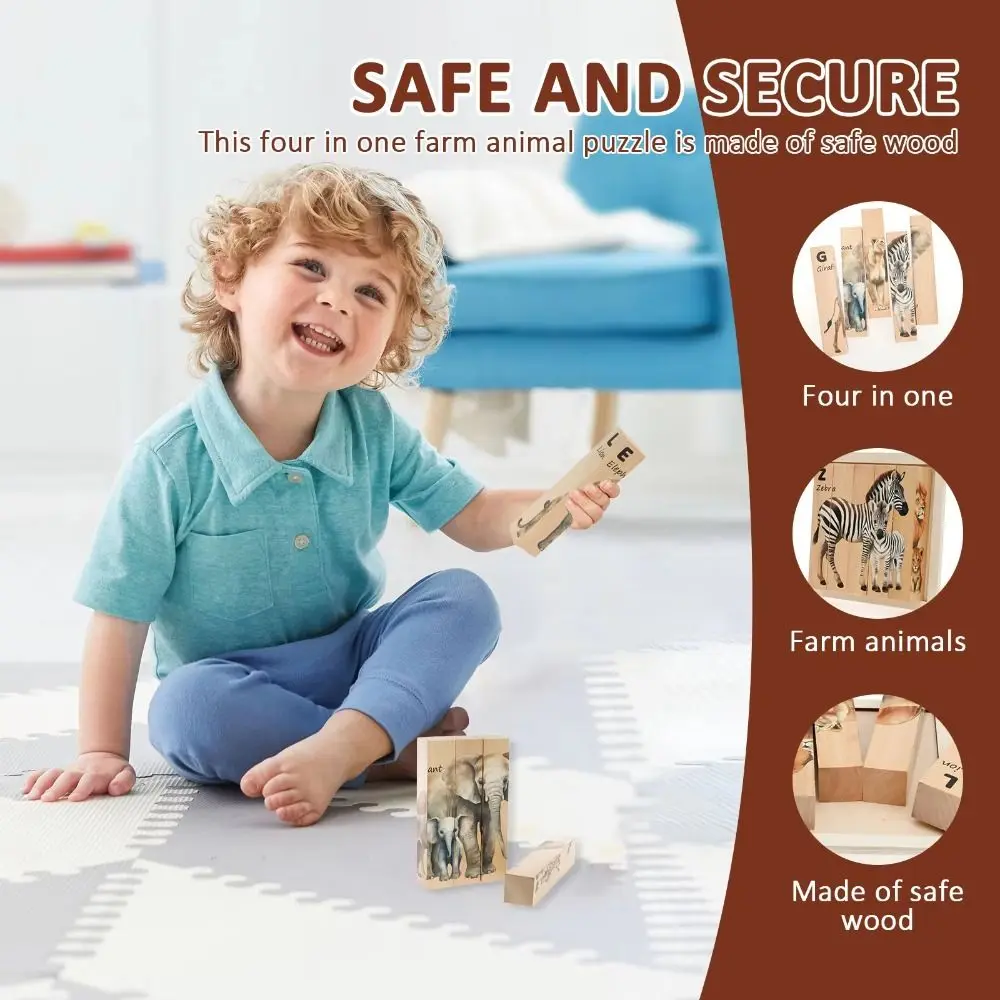 Puzzles d'animaux en bois, blocs de thème d'animaux éducatifs assortis, Puzzle rotatif en bois 4 en 1 pour pensée logique