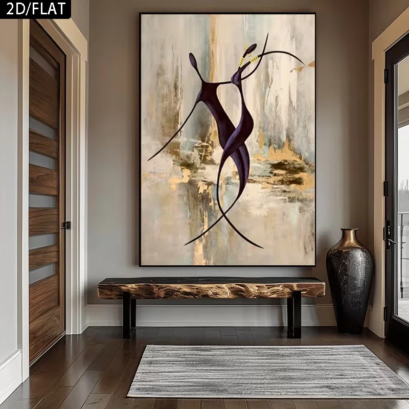 2D Flat Large Abstract Magical Dance Theme Canvas Wall Art Frameless Flowing Black & Golden Lines Canvas Prints for Office Decor