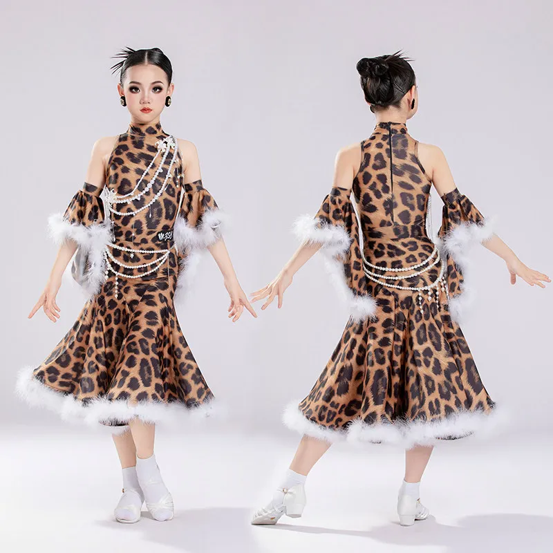 

Fashion Leopard Latin Dance Competition Dress Girls Ballroom Dance Costumes Children'S Waltz Modern Dancing Clothes XS11321
