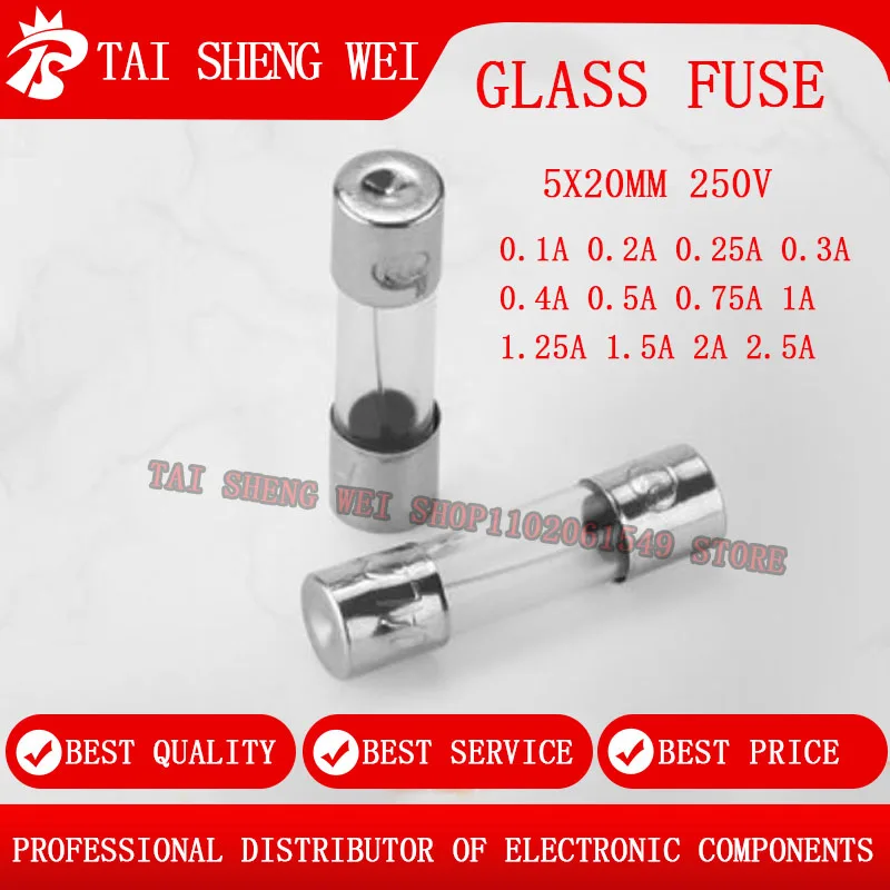 100pcs/1 box Glass Fuse 5X20mm 0.1A 0.2A 0.25A 0.3A 0.4A 0.5A 0.75A 1A 1.25A 1.5A 2A 2.5A 250V Fast Blow Fuses Fusibles