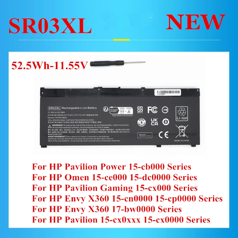 

New SR03XL battery For HP 15-cb000 15-ce000 15-dc0000 15-cx000 Envy X360 15-cn0000 15-cp0000 17-bw0000 15-cx0xxx 52.5Wh-11.55V
