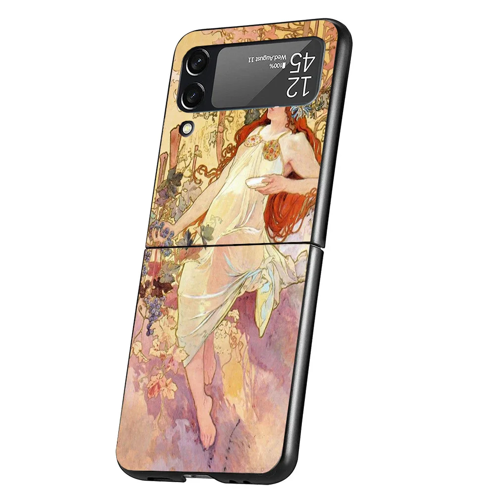 Alfons Mucha Primavera Case Phone Cover for Samsung Galaxy Z Flip 6 5 4 3 5G ZFlip6 ZFlip5 ZFlip4 ZFlip3 Black Hard Trend Fundas