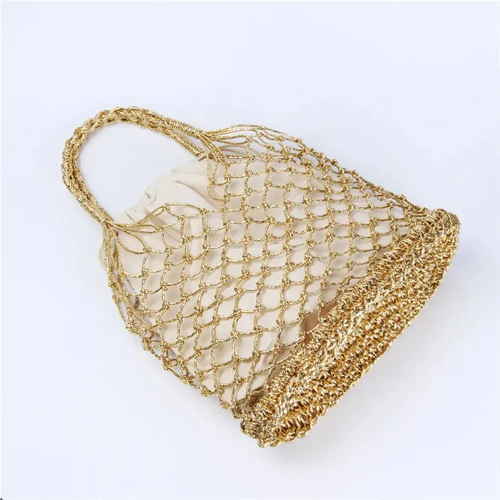 Gold silver 2 color bright paper ropes hollow woven handbag cotton lining straw bag female Reticulate handbag netted beach bag