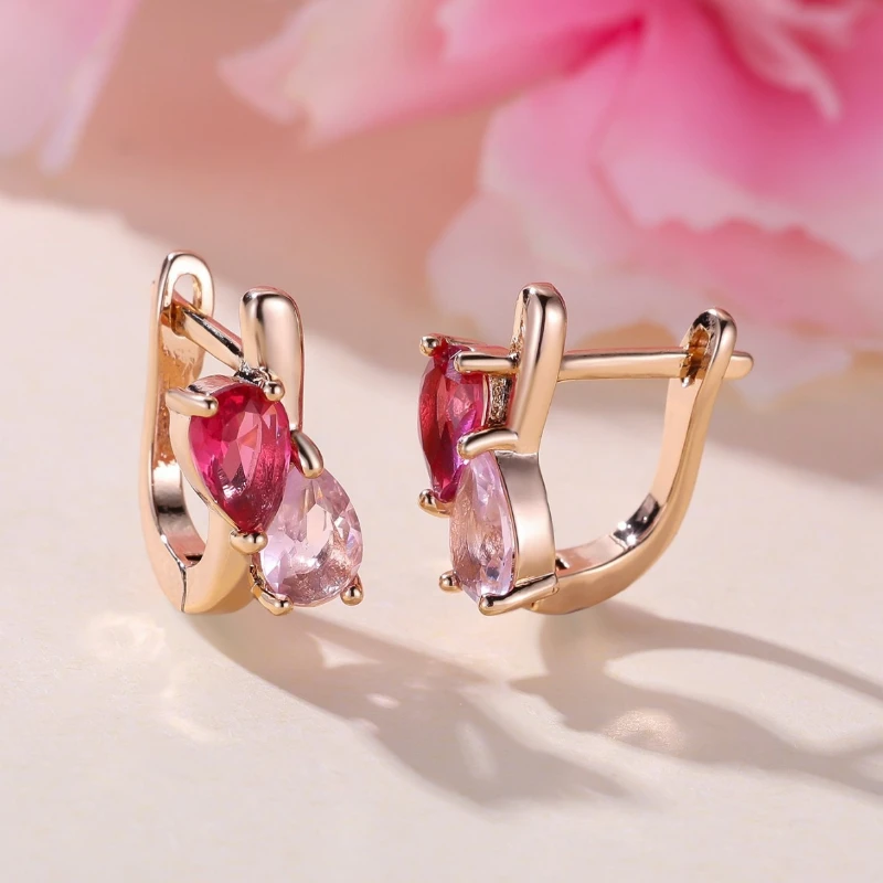 Charm Female Red Crystal Stone Cute Love Heart Hoop Earrings Gold Color Simple Wedding Jewelry for Women