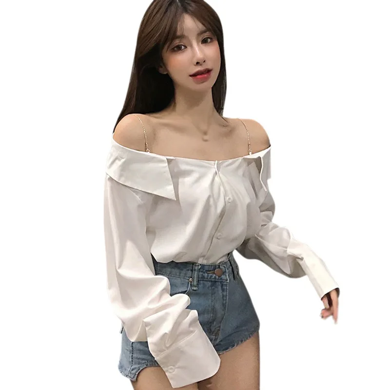 Women\'s Spring Autumn Chain Long-Sleeved Shirt Female Korean Style A One-Line Collar Strapless Loose Short Paragraph Blouse