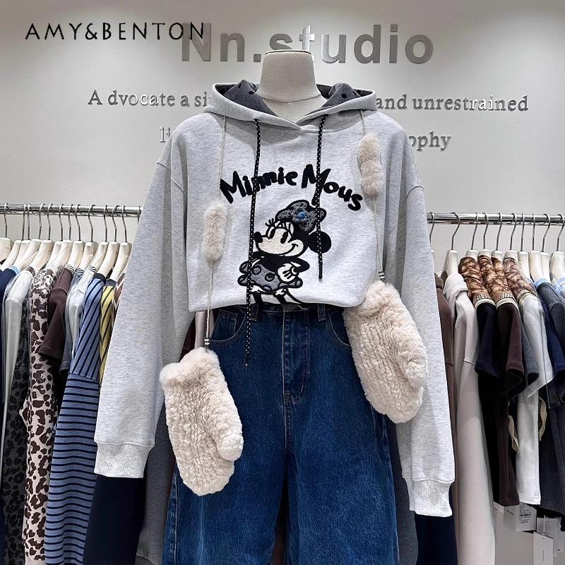 

2025 Autumn Winter Women's Hooded Sweatshirt Heavy Embroidery Cartoon Stylish Youthful Short Loose Long-sleeves Hoodie Jacket