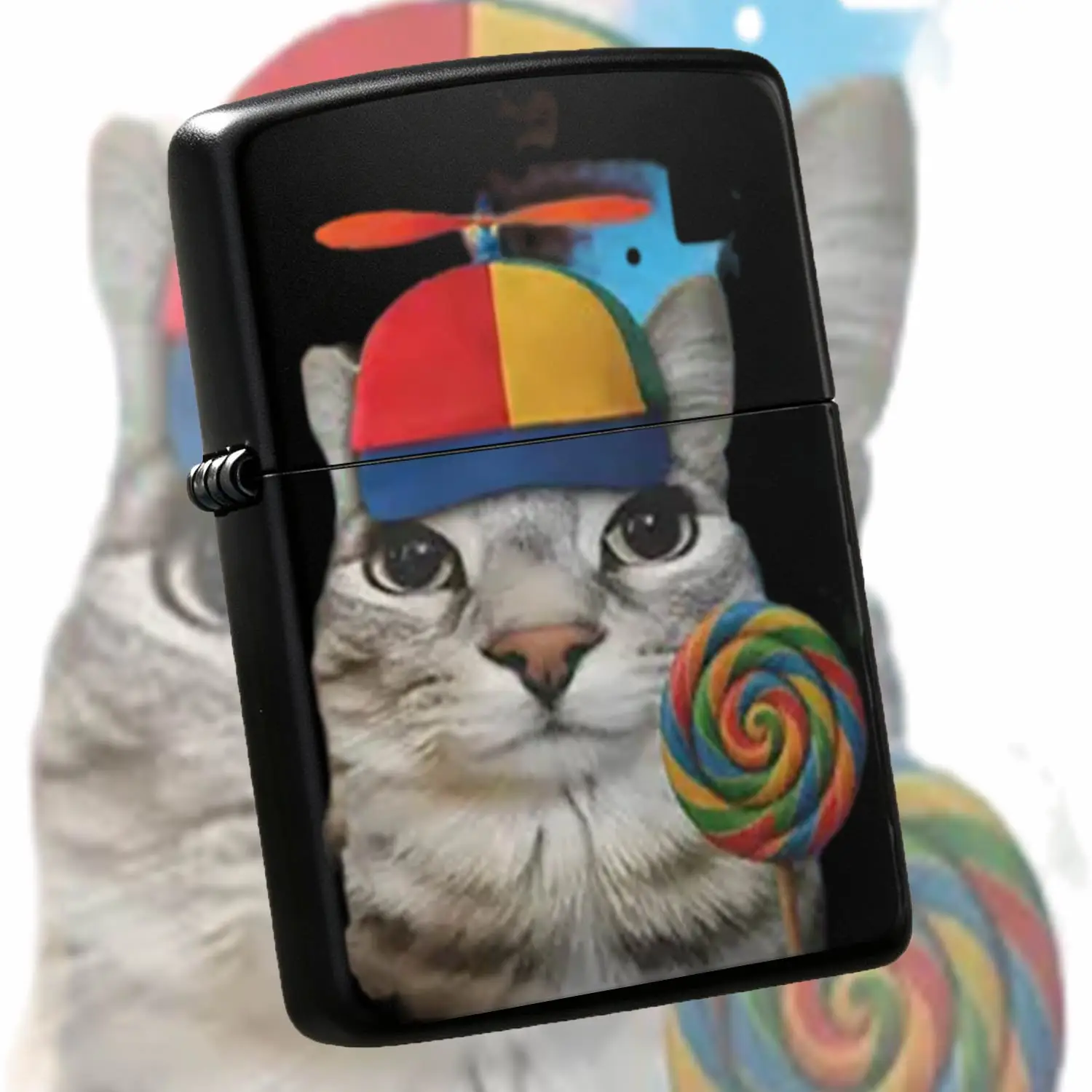 Fun Adorable Cat Lighter With Propeller Hat Rainbow Lollipop Pattern, Creative Trendy Portable Daily Use Item, Cute Stylish Accessory For Parties Gatherings, Ideal Unique Gift For Friends Family Collectors For Any Occas A Humorous And Inter