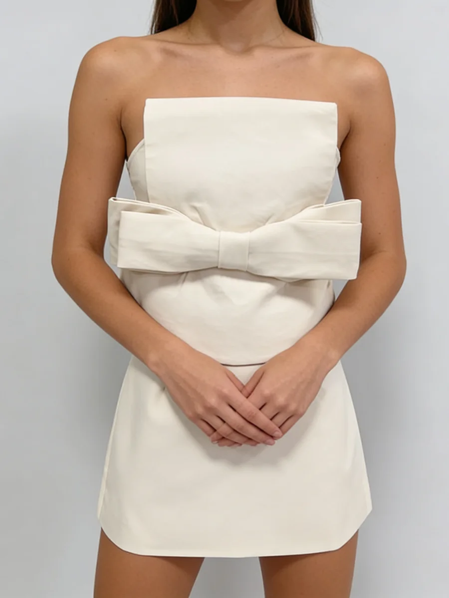 TWOTWINSTYLE, vestidos elegantes adelgazantes con lazo empalmado para mujer, sin tirantes, sin mangas, cintura alta, vestido minimalista, ropa femenina