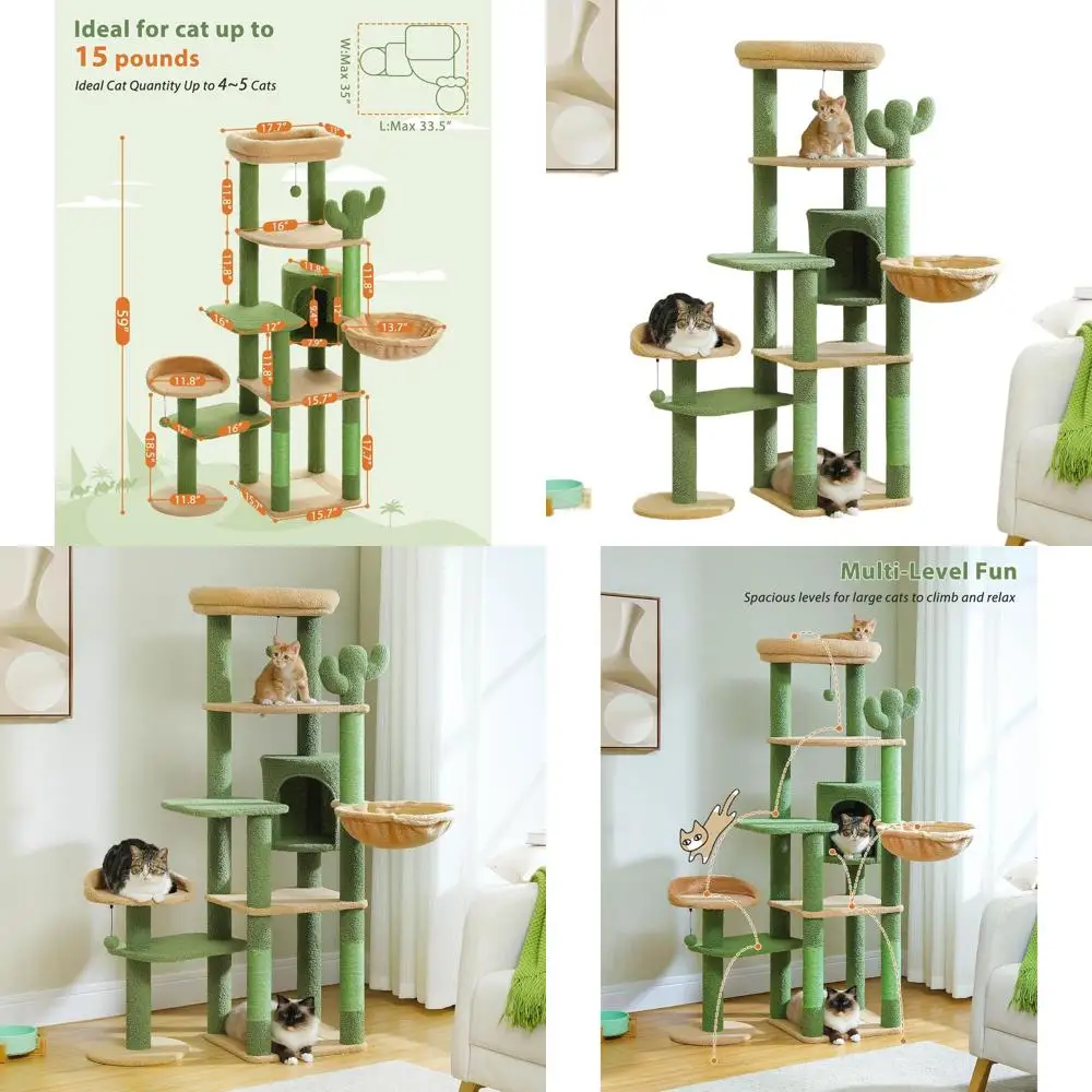 

59 Green Cactus-Style Cat Tower with Multi-Level Perches, Hammock, Scratching Post for Large Indoor Cats