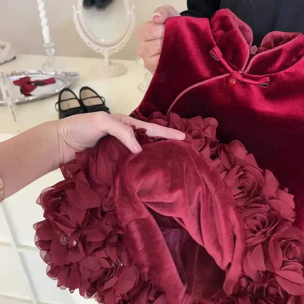 Girls Winter New Year Dress Velvet Chinese Style Cheongsam Rose Dress 2024 New Girls Baby Sweet Princess Dress