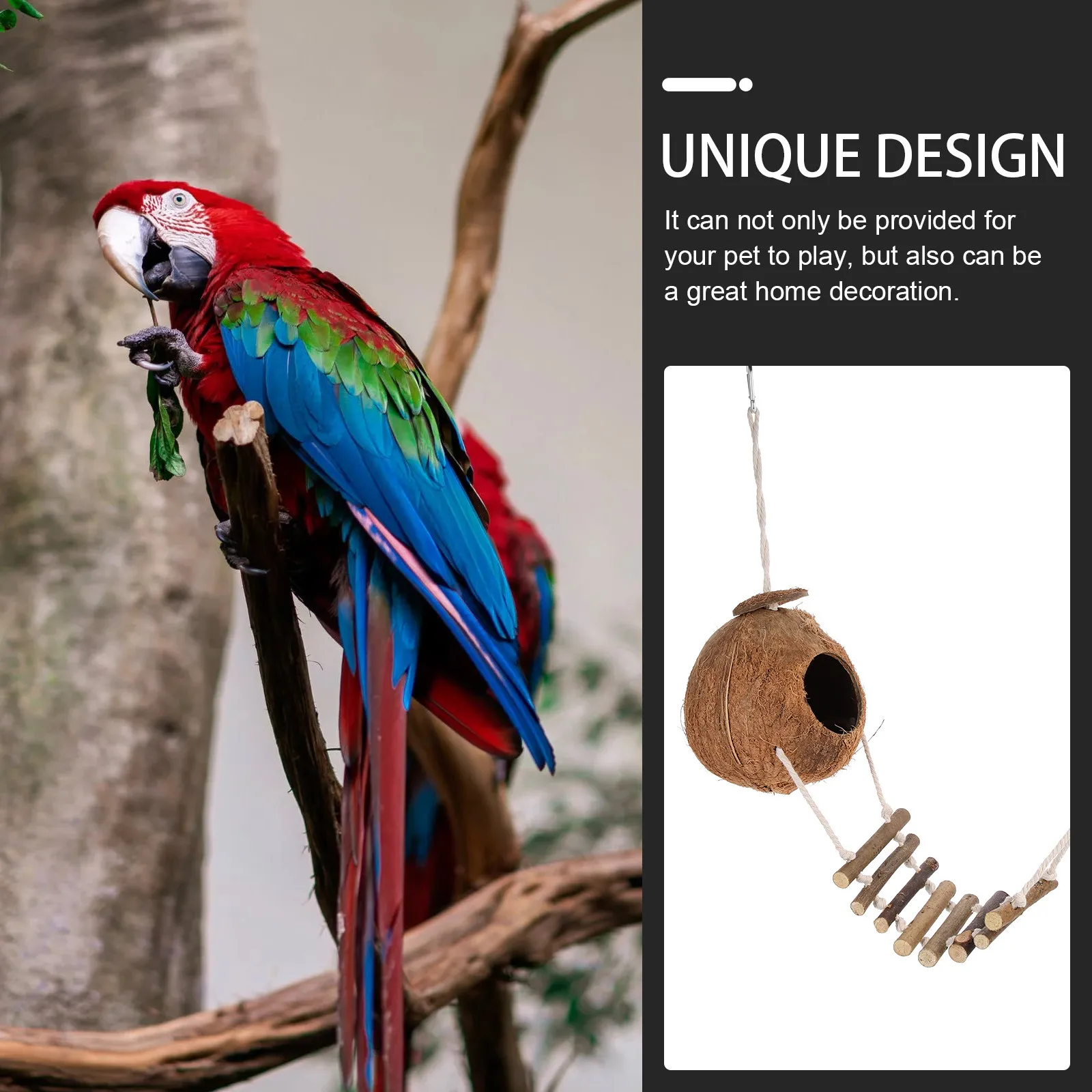 1Set Coconut Shell Wear-Resistant Bird Nest Hanging Wooden Parrot Hamster House Decorative Pet Habitat Chew Play Accessory