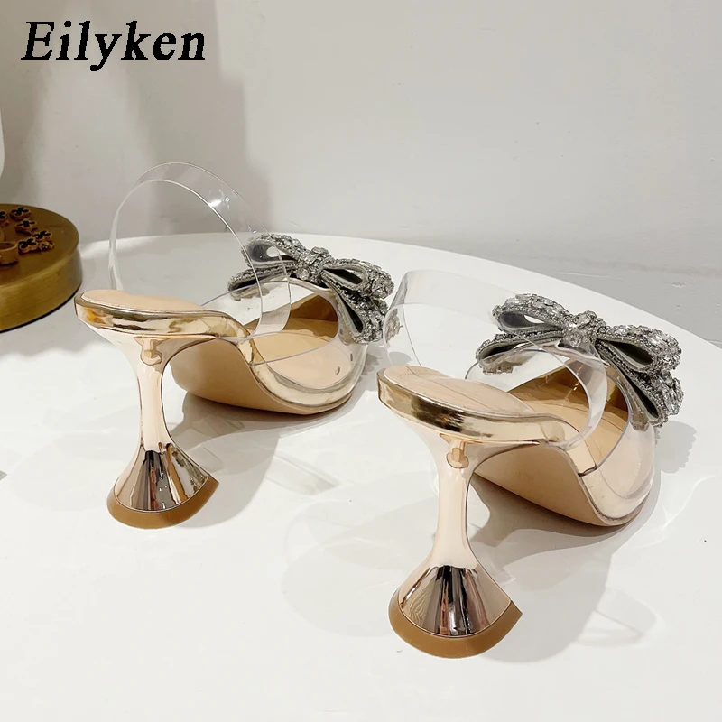 Eilyken Fashion Crystal Sequined Bowknot Women Pumps Sexy Pointed Toe High Heels PVC Transparent Sandals Wedding Prom Shoes