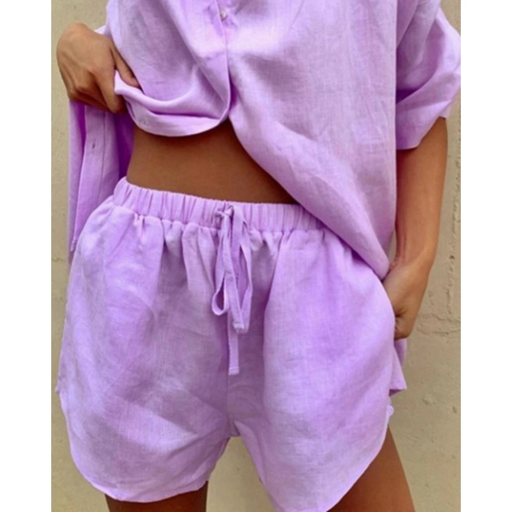 Summer Solid Two-Pieces New in Shorts Sets Outfits Women Half Sleeve Buttoned Top & Shirring Shorts Set Casual Clothing