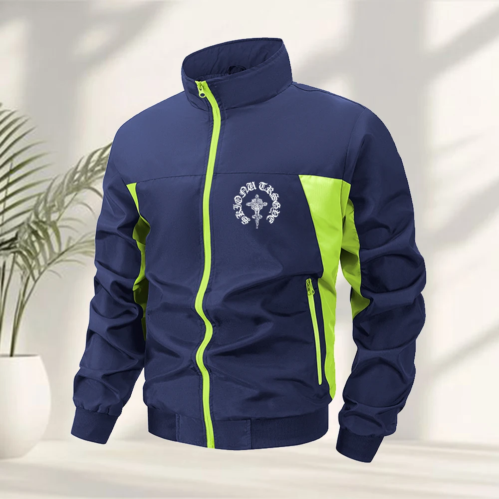 Men's Stand Up Collar Jacket With Cross Badge Print Outdoor Casual Fitness Windproof Jacket Running Cycling Zip Up Pocket Top