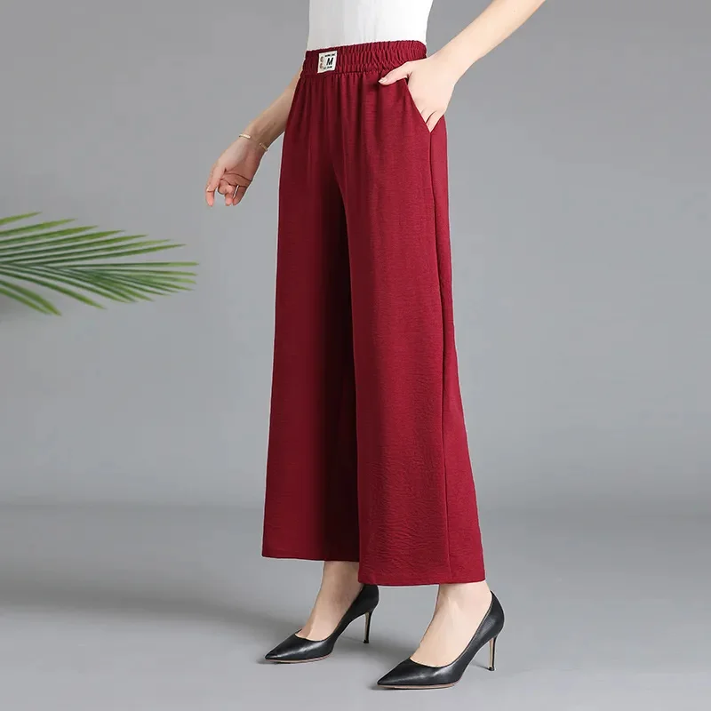 2024 Summer Thin Casual Wide leg pants For Middle-aged mothers Fashion Loose Elastic Straight leg Pants