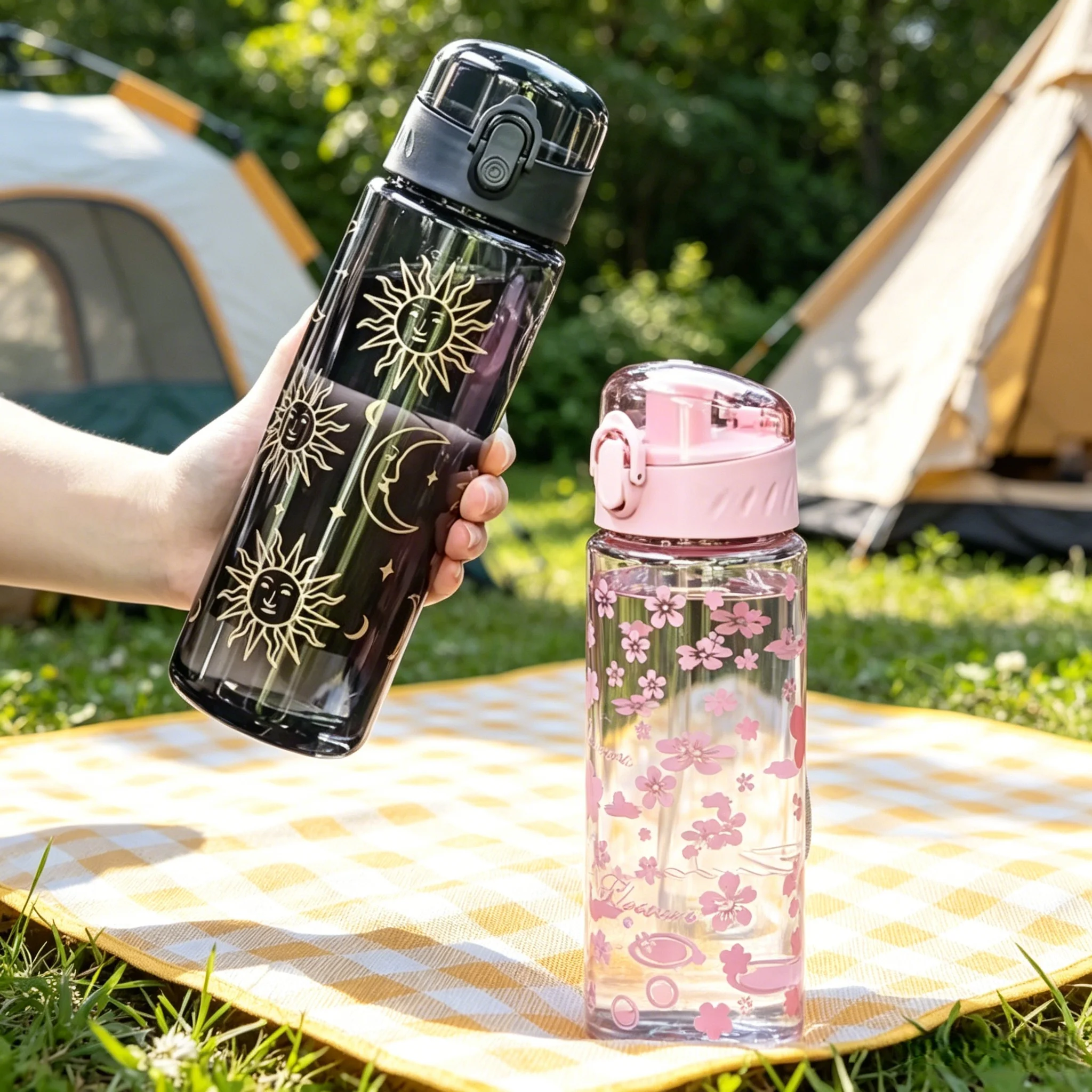 Portable Convenience Large Capacity Cherry Blossom Water Bottle with Secure Lid & Carrying Rope, High-Quality PC Material