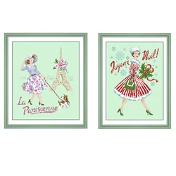 Christmas Paris girl cross stitch kit 18ct 14ct 11ct tessuto verde chiaro panno filo di cotone ricamo fai da te fatto a mano decorazioni per la casa