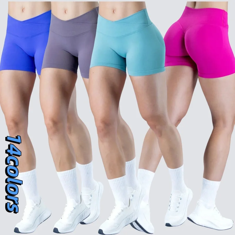 

Новый стиль, шорты для фитнеса и йоги с перекрестной талией и подтяжкой бедер, бесшовные плотные шорты для улучшения бедер Y, спортивные брюки с тремя точками