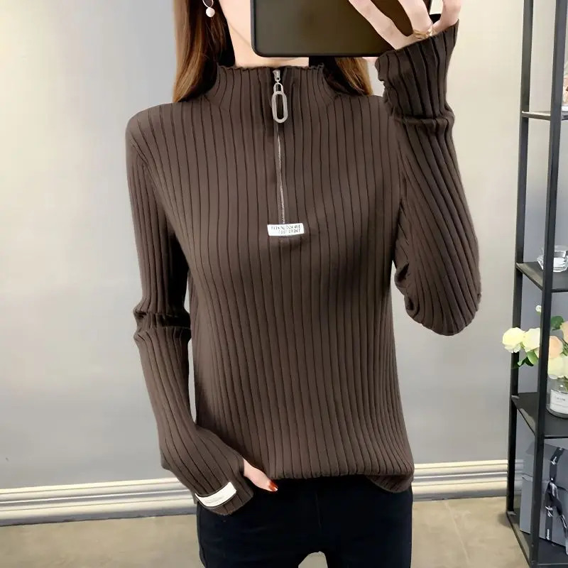 

Zipper Pullover Women Knitted Sweater Big Size Long Sleeve Slim Tops Korean Fashion Half Turtleneck Sweater Women's Clothes New