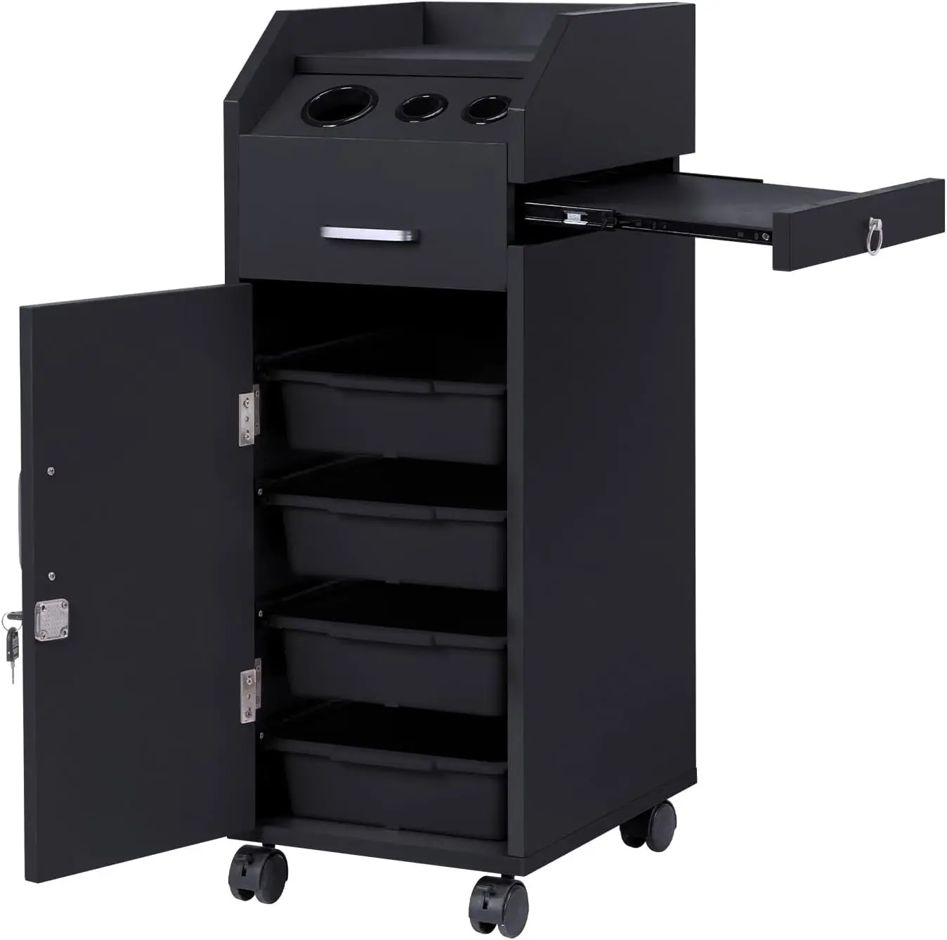 Beauty Salon Trolley Cart, Salon Cabinet with 360° Wheels, 3 Hair Dryer Holders, 4 Drawers, 2 Lockable Keys Salon Station