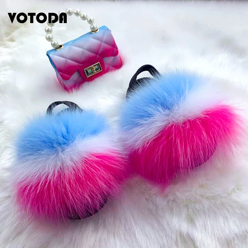 

Girl rainbow shoes bag set Fluffy Fox Fur Slippers Kids Furry Flat Fur Slides Pearl Chain Jelly Bag Children Mini Check Handbag