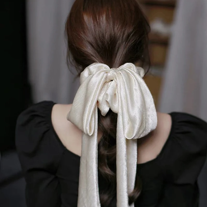 French BIG BOW Hair Rope Satin Ribbon Bow Scrunchies Ponytail Hair Scarf Hair Tie Elastic Hair Rubber Bands Hair Accessories