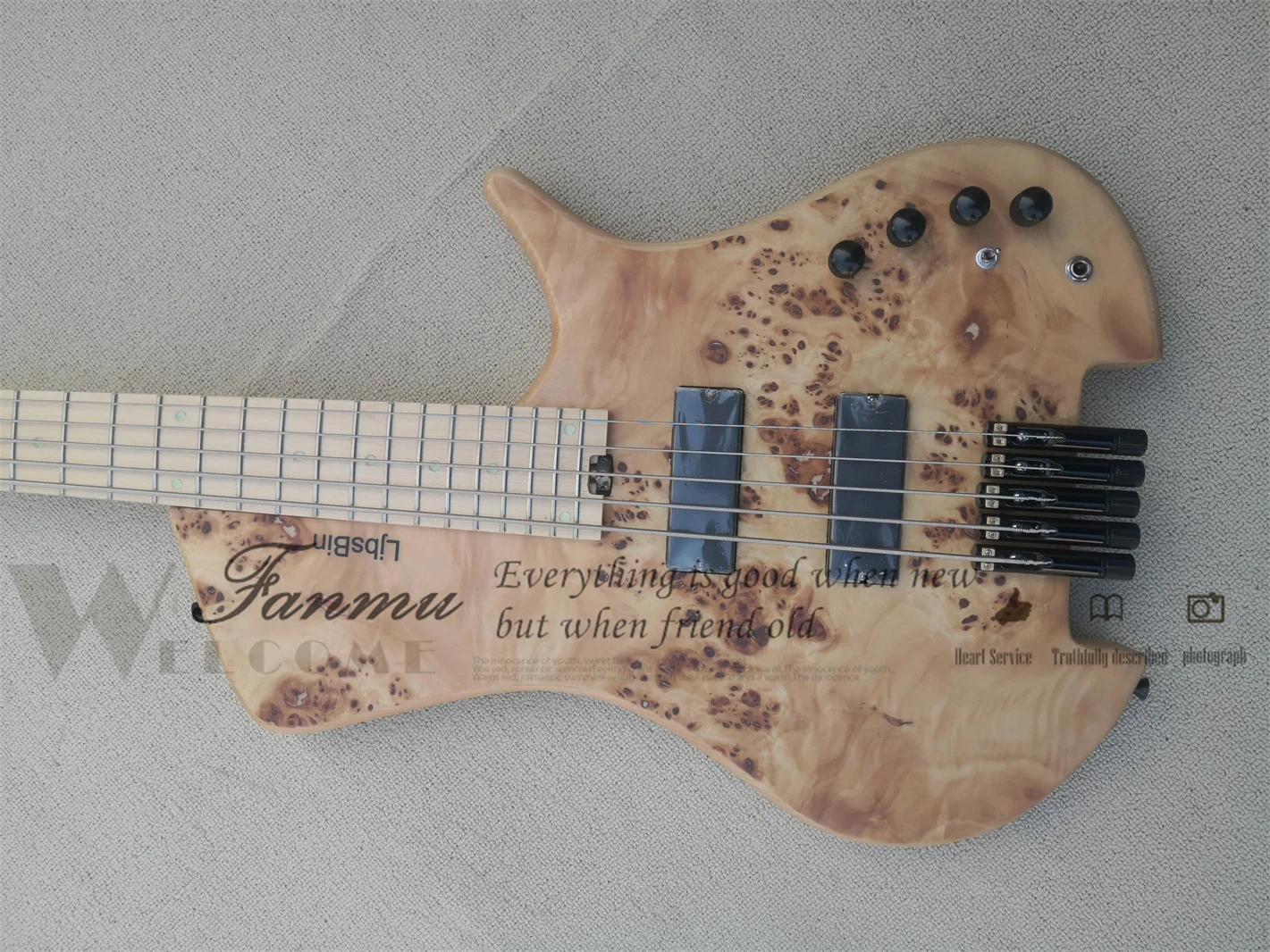 5 String Bass Guitar Headless Bass Naturl Bass ASH Wood Body Burl Maple Top Maple Neck High-quality Idependent  Bridge