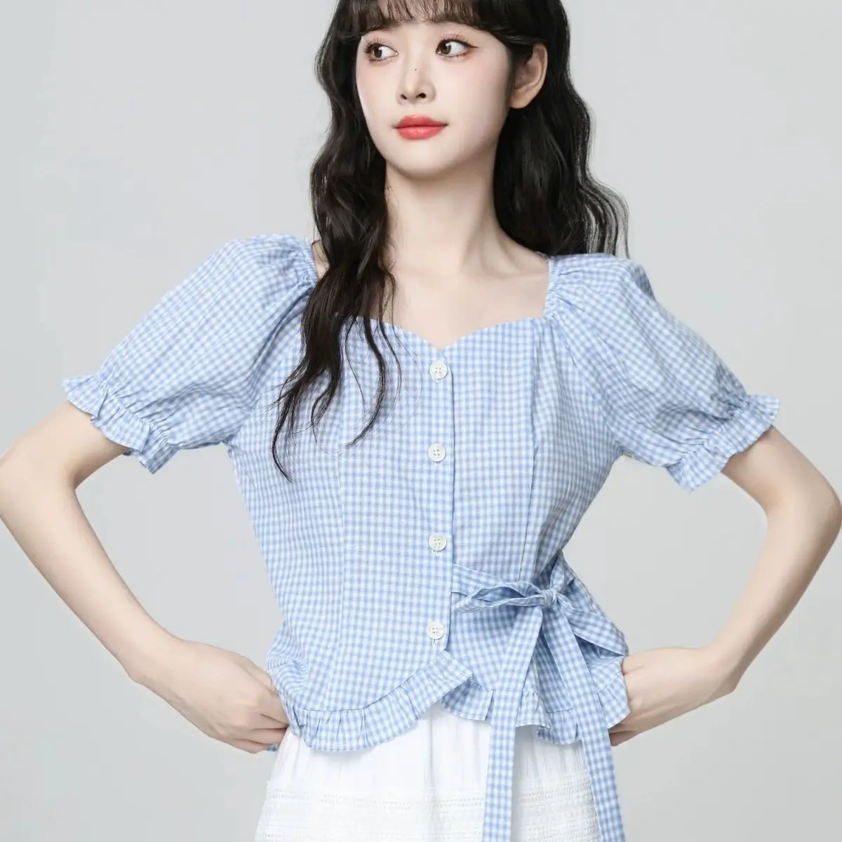 

French Blue Square Collar Plaid Shirt Women Summer New Style Puff Sleeve Waist Tie Shirt Short Top