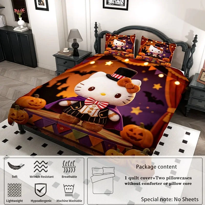 Halloween Hello Kitty Magician 3Pcs Bedding Set, Pumpkin Bat Print Washable Microfiber Duvet Cover For Teen Girls Room