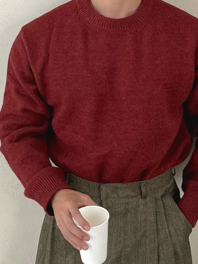 

Красный длинный вязаный свитер Sve, мужской приталенный шерстяной трикотаж из лиоцеллового сердечника, американский шерстяной базовый свитер с небольшим воротником