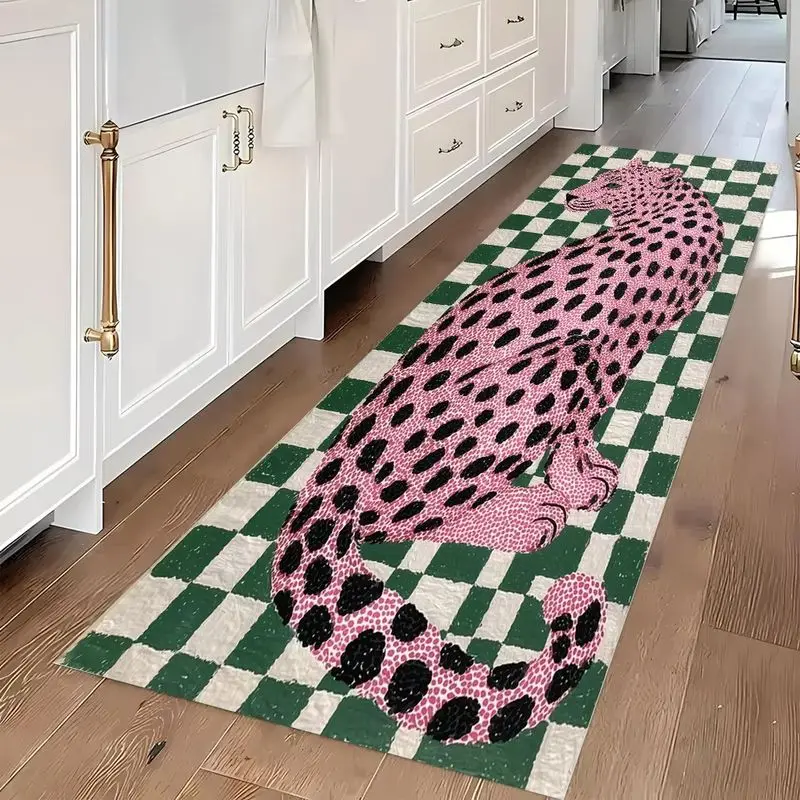VIKAMA Pink Leopard Runner Rug Flannel Non Slip Hallway Carpet Checkerboard Pattern Washable Kitchen Entryway Floor Mat Art