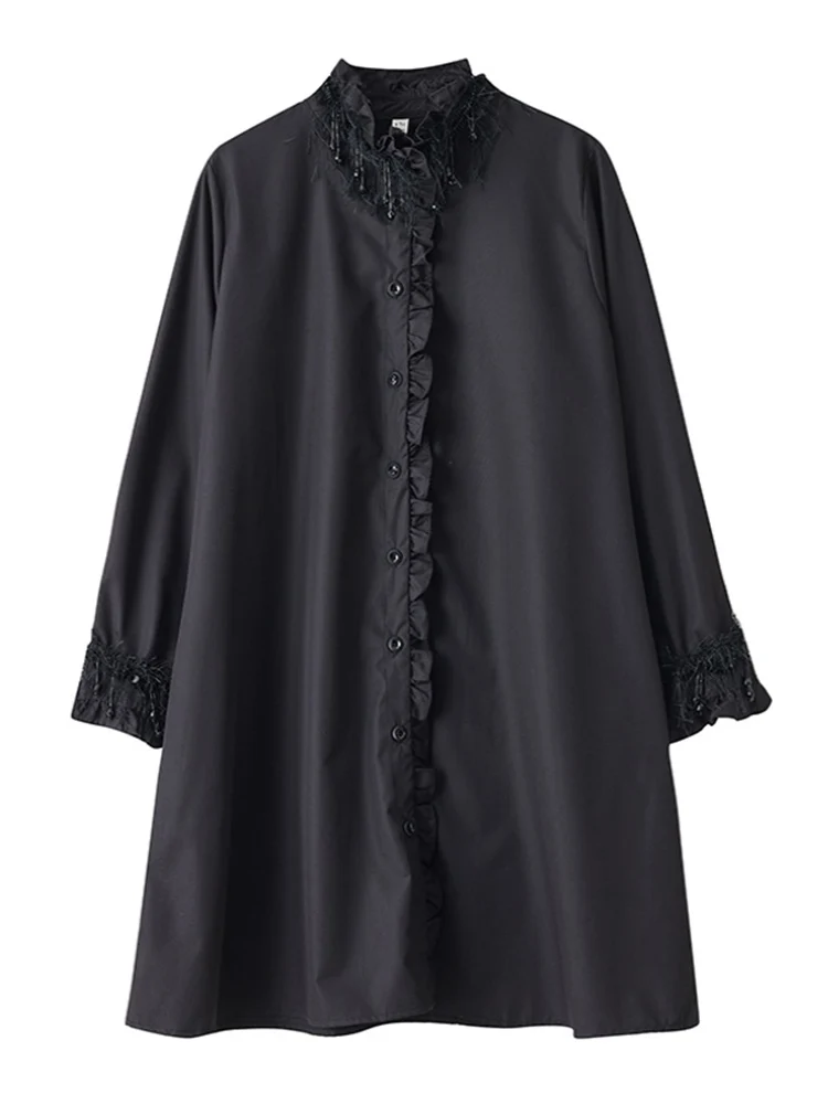 Oversized Black Vintage Shirt Dresses For Women Stand Collar Long Sleeve Loose Casual Dress Elegant Clothing Spring Autumn 2025