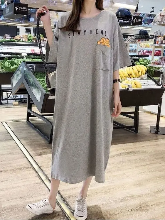 Grande taille femmes été coréen Sle ample longue t-shirt Dr genou longueur ventre couvrant ort Sve a-ligne Dr