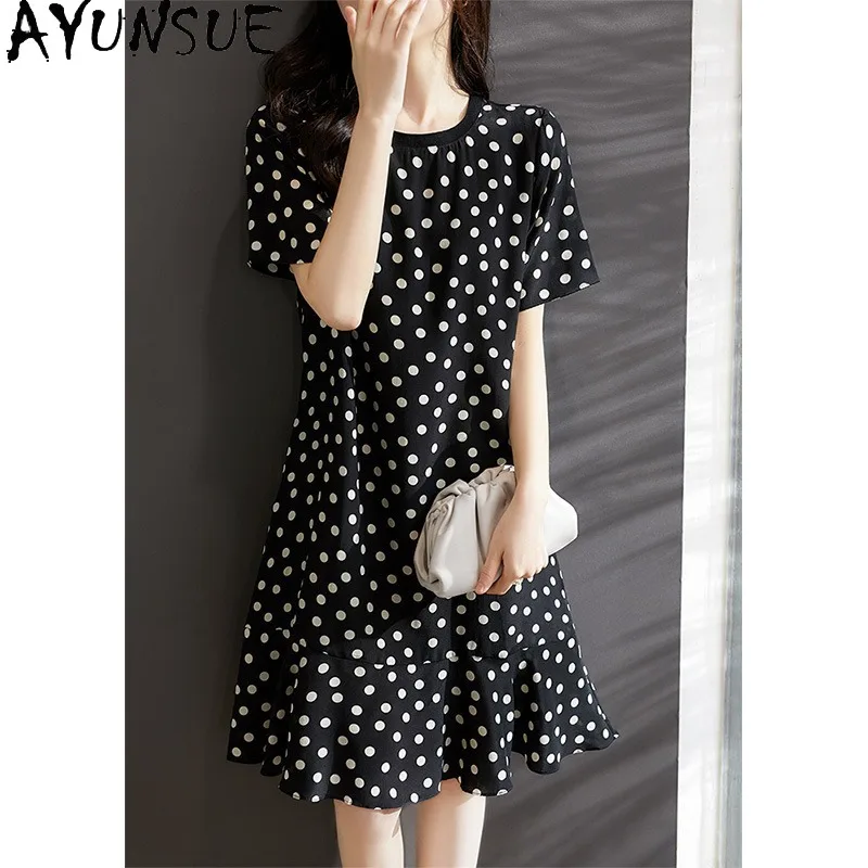 

AYUNSUE Натуральные шелковые платья для женщин: черное платье в горошек с силуэтом «рыбий хвост», летние платья 2026, элегантная женская одежда для офиса и повседневной носки.