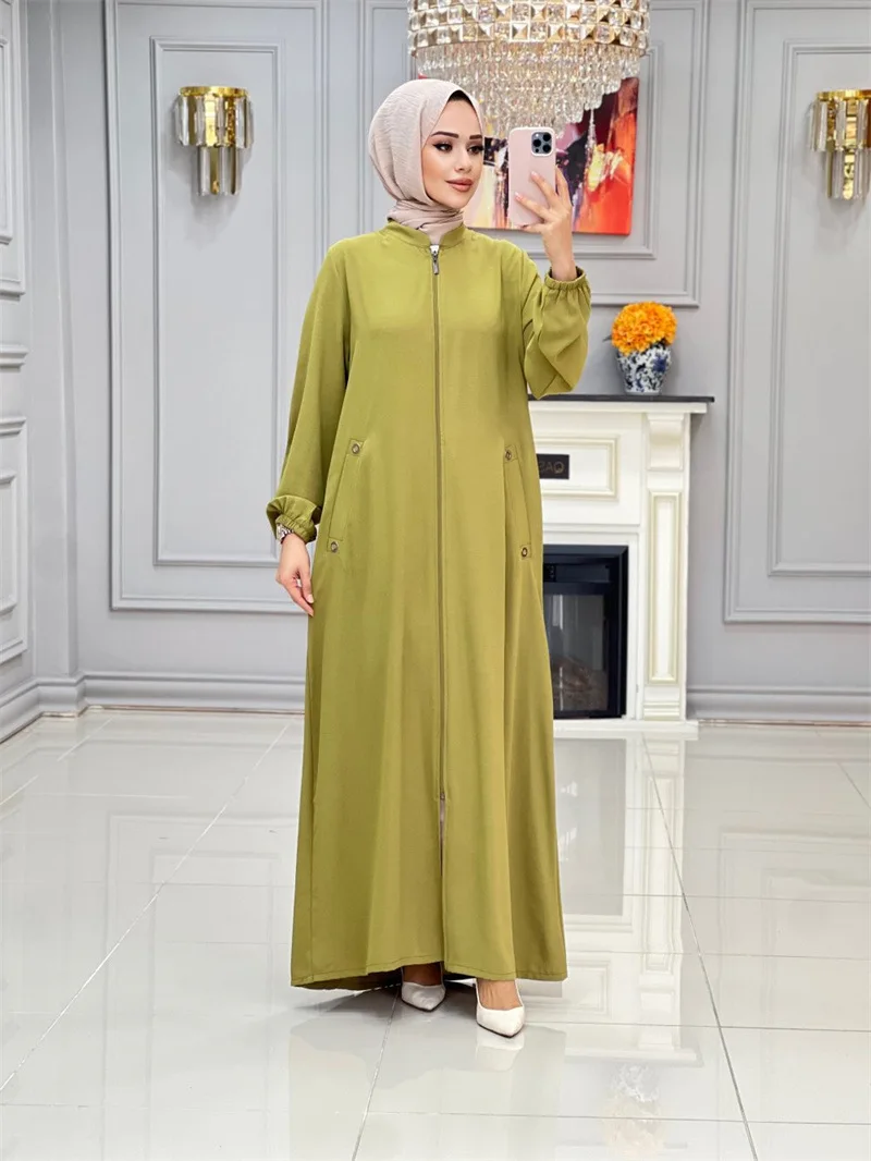 Abaya-Robe longue de soirée musulmane pour femmes, robe de Ramadan, col montant, poche zippée, Educational Largos, Dubaï, Jalabiya, Eid, 2024