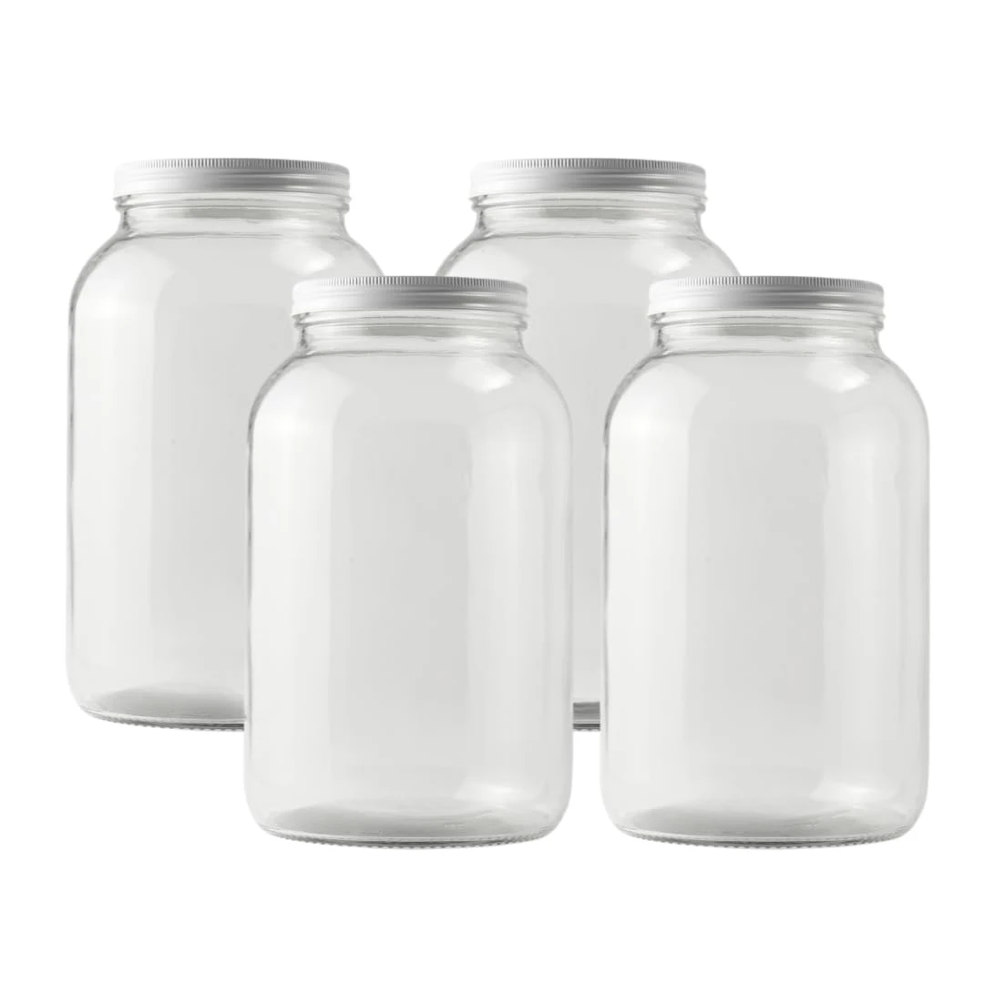 

Pack of 4 One Gallon Wide Mouth Jar with White METAL Airtight Lid, 4 Glass Jars with 4 Fermentation Lids