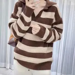 Autumn Winter New Loose All-match Fashion Striped Pullovers Women Clothing Casual Polo-neck Knit Thick Sweaters Office Lady Top