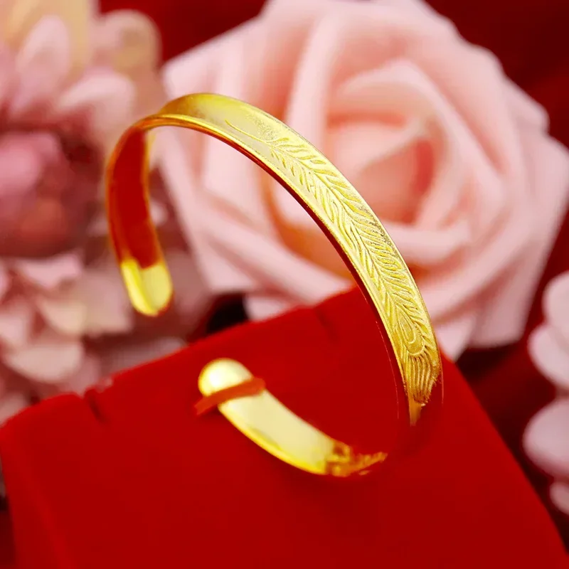 

9999 Real Gold 24K Gold Version Women's Feather Bracelet Fashion Wind Sandblasting Texture Printing Love Girl Bracelet